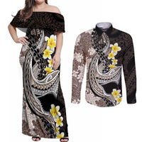 Brown and Black Hawaii Shark Tattoo Couples Matching Off Shoulder Maxi Dress and Long Sleeve Button Shirt Puakenikeni Lei Plumeria Polynesian Pattern LT14 Black - Polynesian Pride