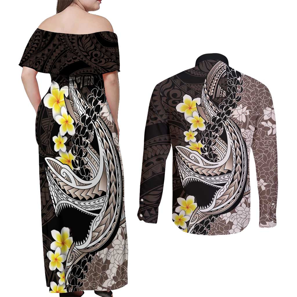 Brown and Black Hawaii Shark Tattoo Couples Matching Off Shoulder Maxi Dress and Long Sleeve Button Shirt Puakenikeni Lei Plumeria Polynesian Pattern LT14 - Polynesian Pride