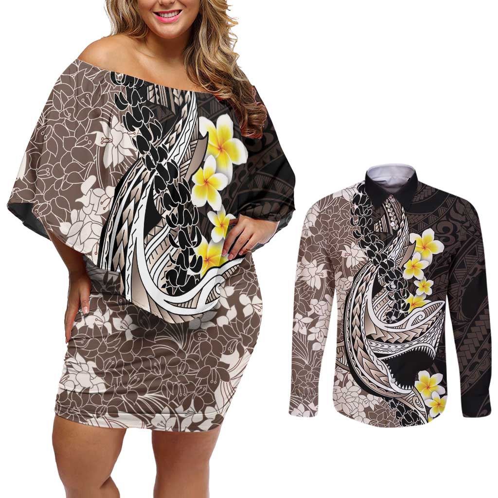 Brown and Black Hawaii Shark Tattoo Couples Matching Off Shoulder Short Dress and Long Sleeve Button Shirt Puakenikeni Lei Plumeria Polynesian Pattern LT14 Black - Polynesian Pride