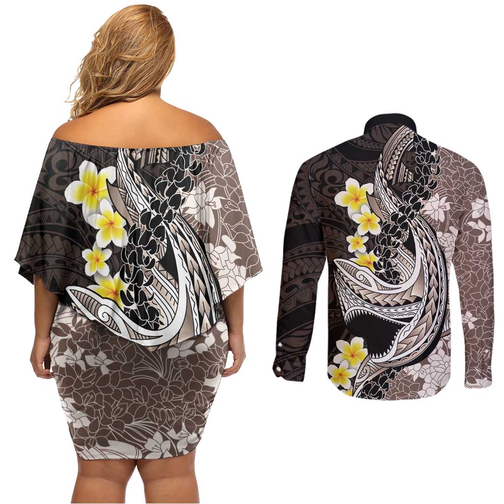 Brown and Black Hawaii Shark Tattoo Couples Matching Off Shoulder Short Dress and Long Sleeve Button Shirt Puakenikeni Lei Plumeria Polynesian Pattern LT14 - Polynesian Pride