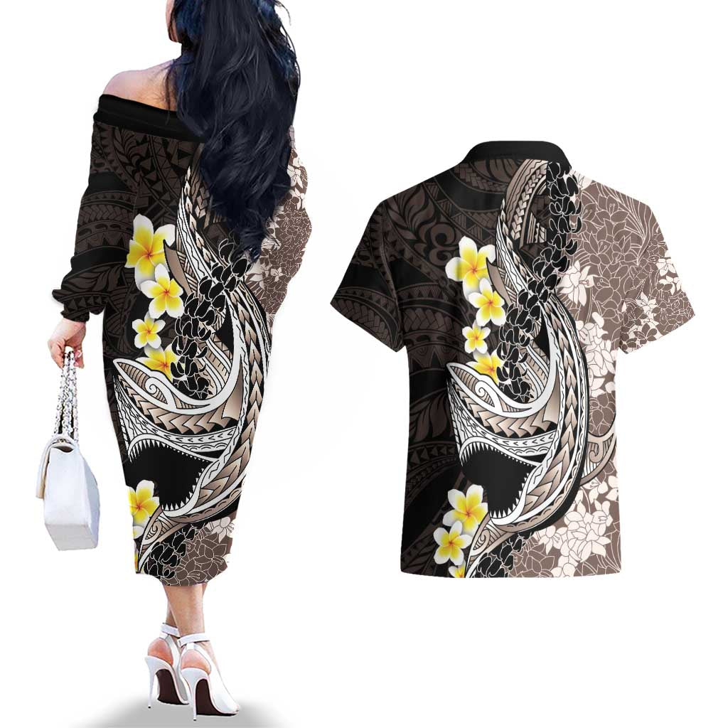 Brown and Black Hawaii Shark Tattoo Couples Matching Off The Shoulder Long Sleeve Dress and Hawaiian Shirt Puakenikeni Lei Plumeria Polynesian Pattern LT14 - Polynesian Pride