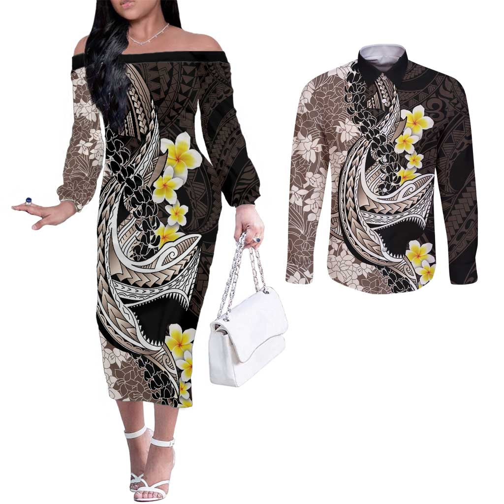 Brown and Black Hawaii Shark Tattoo Couples Matching Off The Shoulder Long Sleeve Dress and Long Sleeve Button Shirt Puakenikeni Lei Plumeria Polynesian Pattern LT14 Black - Polynesian Pride