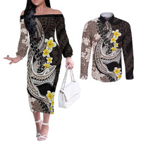 Brown and Black Hawaii Shark Tattoo Couples Matching Off The Shoulder Long Sleeve Dress and Long Sleeve Button Shirt Puakenikeni Lei Plumeria Polynesian Pattern LT14 Black - Polynesian Pride
