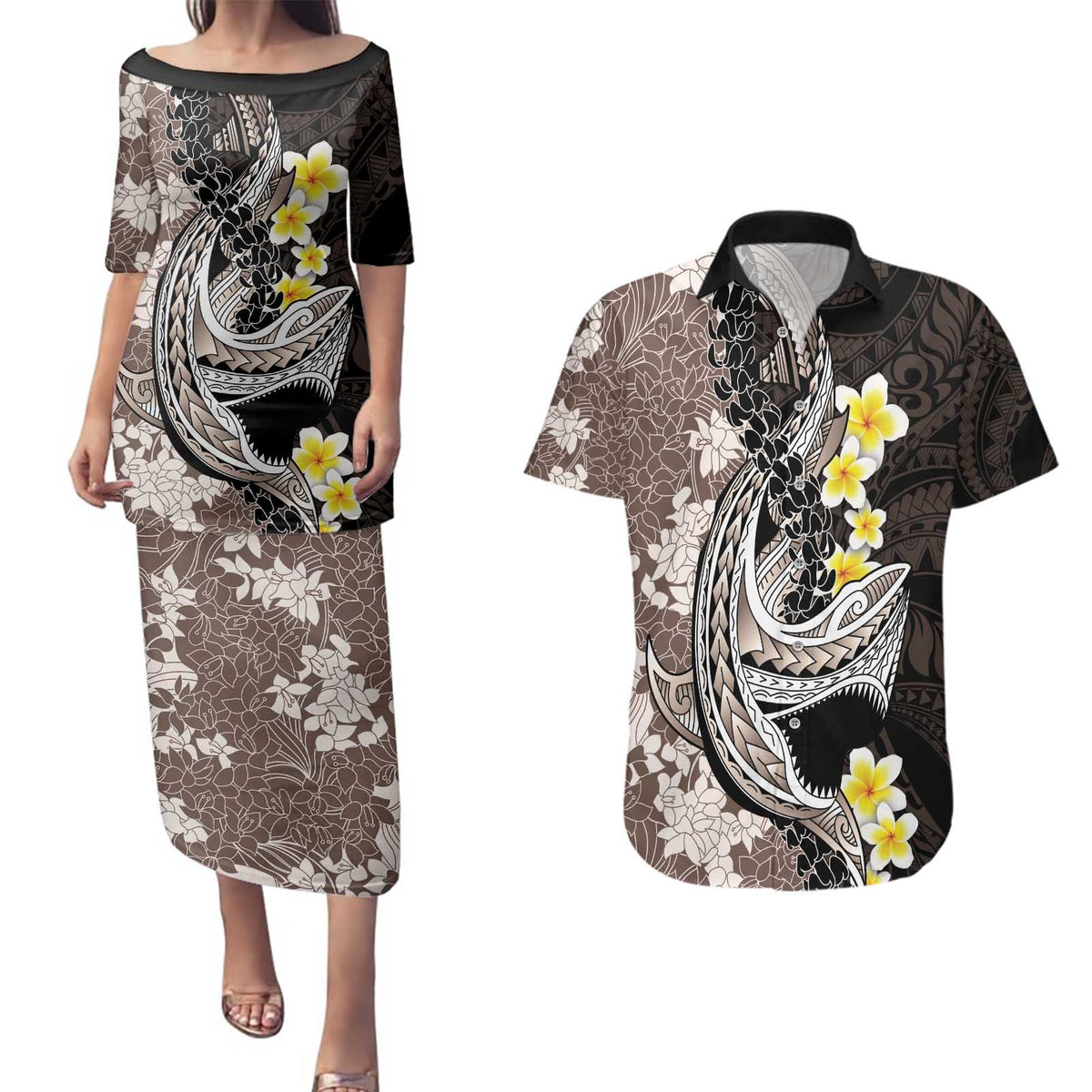 Brown and Black Hawaii Shark Tattoo Couples Matching Puletasi and Hawaiian Shirt Puakenikeni Lei Plumeria Polynesian Pattern LT14 Black - Polynesian Pride