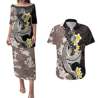 Brown and Black Hawaii Shark Tattoo Couples Matching Puletasi and Hawaiian Shirt Puakenikeni Lei Plumeria Polynesian Pattern LT14 Black - Polynesian Pride