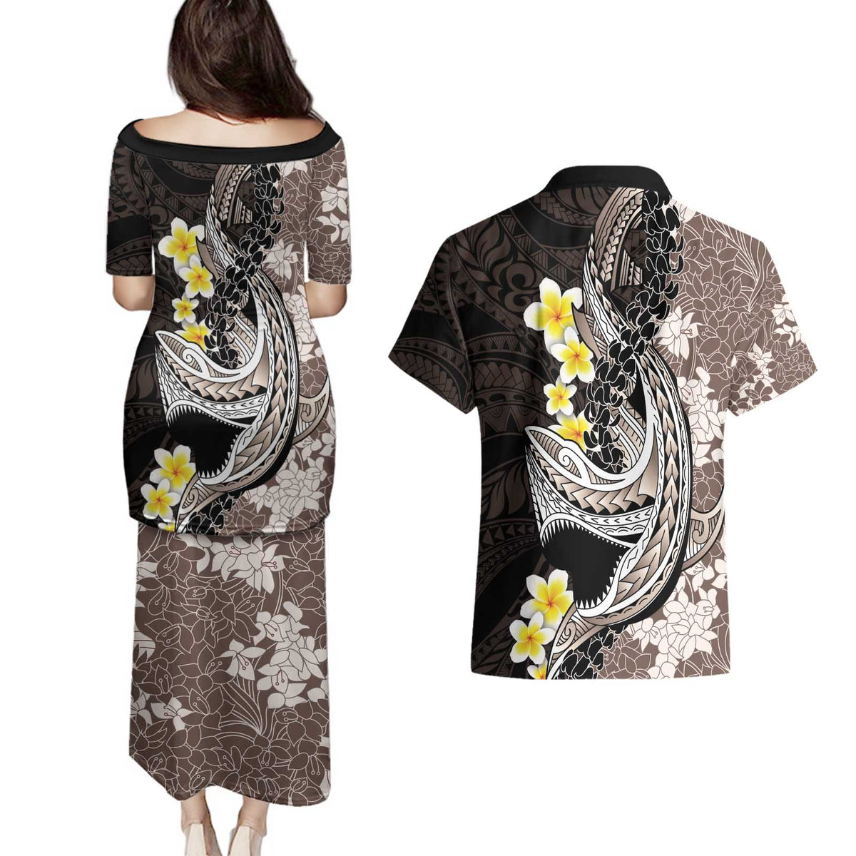 Brown and Black Hawaii Shark Tattoo Couples Matching Puletasi and Hawaiian Shirt Puakenikeni Lei Plumeria Polynesian Pattern LT14 - Polynesian Pride
