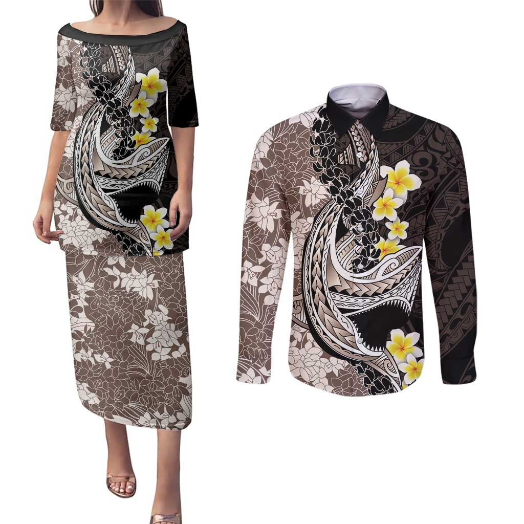Brown and Black Hawaii Shark Tattoo Couples Matching Puletasi and Long Sleeve Button Shirt Puakenikeni Lei Plumeria Polynesian Pattern LT14 Black - Polynesian Pride