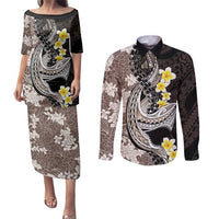 Brown and Black Hawaii Shark Tattoo Couples Matching Puletasi and Long Sleeve Button Shirt Puakenikeni Lei Plumeria Polynesian Pattern LT14 Black - Polynesian Pride
