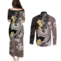 Brown and Black Hawaii Shark Tattoo Couples Matching Puletasi and Long Sleeve Button Shirt Puakenikeni Lei Plumeria Polynesian Pattern LT14 - Polynesian Pride