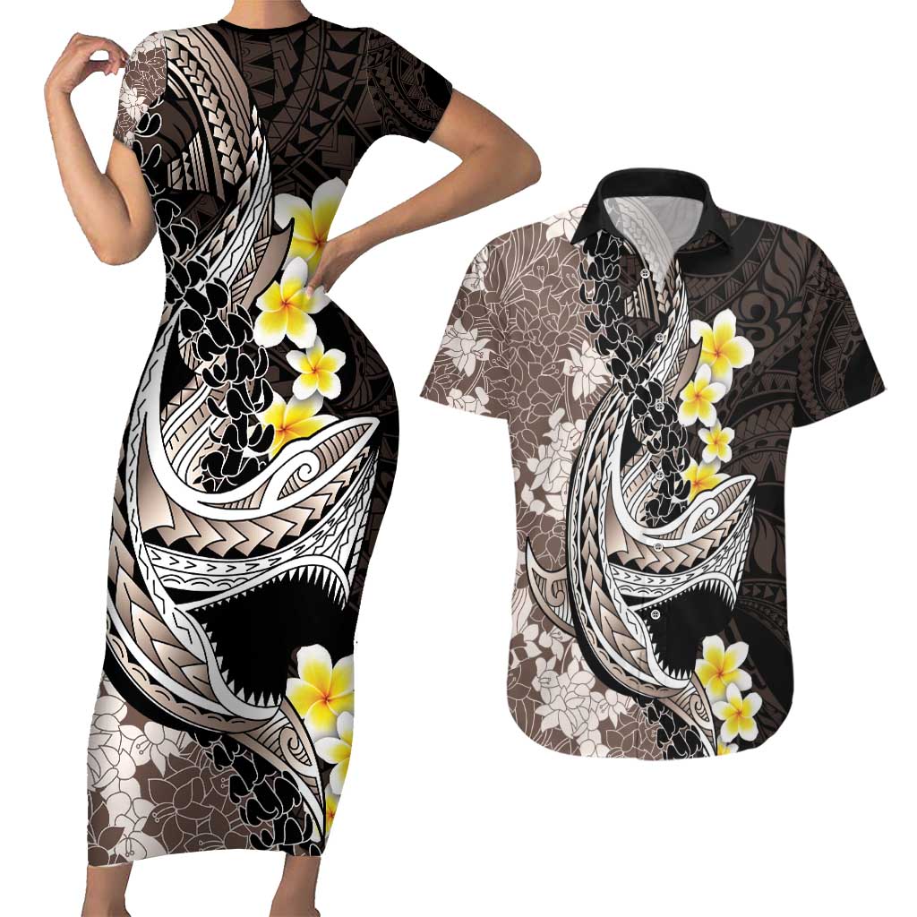Brown and Black Hawaii Shark Tattoo Couples Matching Short Sleeve Bodycon Dress and Hawaiian Shirt Puakenikeni Lei Plumeria Polynesian Pattern LT14 Black - Polynesian Pride