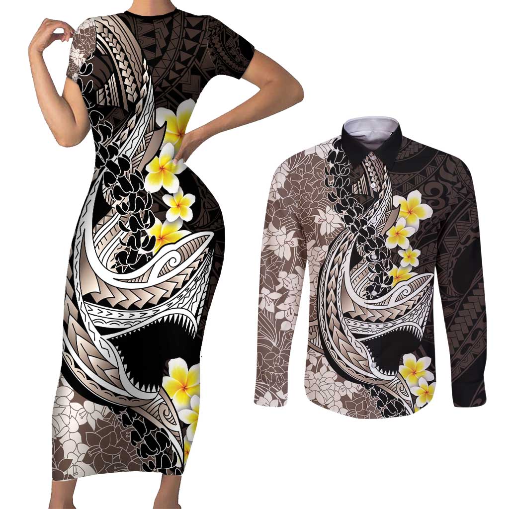 Brown and Black Hawaii Shark Tattoo Couples Matching Short Sleeve Bodycon Dress and Long Sleeve Button Shirt Puakenikeni Lei Plumeria Polynesian Pattern LT14 Black - Polynesian Pride