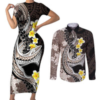 Brown and Black Hawaii Shark Tattoo Couples Matching Short Sleeve Bodycon Dress and Long Sleeve Button Shirt Puakenikeni Lei Plumeria Polynesian Pattern LT14 Black - Polynesian Pride