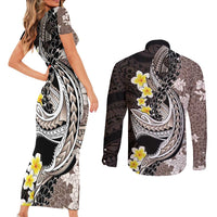 Brown and Black Hawaii Shark Tattoo Couples Matching Short Sleeve Bodycon Dress and Long Sleeve Button Shirt Puakenikeni Lei Plumeria Polynesian Pattern LT14 - Polynesian Pride