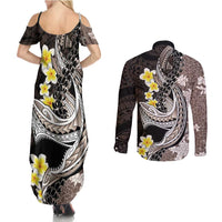 Brown and Black Hawaii Shark Tattoo Couples Matching Summer Maxi Dress and Long Sleeve Button Shirt Puakenikeni Lei Plumeria Polynesian Pattern LT14 - Polynesian Pride