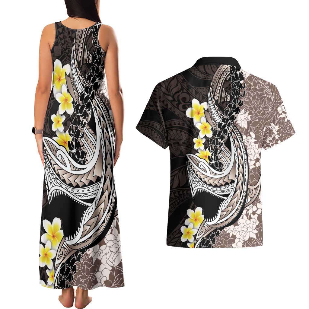 Brown and Black Hawaii Shark Tattoo Couples Matching Tank Maxi Dress and Hawaiian Shirt Puakenikeni Lei Plumeria Polynesian Pattern LT14 - Polynesian Pride