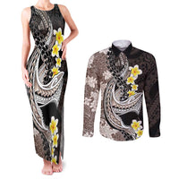 Brown and Black Hawaii Shark Tattoo Couples Matching Tank Maxi Dress and Long Sleeve Button Shirt Puakenikeni Lei Plumeria Polynesian Pattern LT14 Black - Polynesian Pride