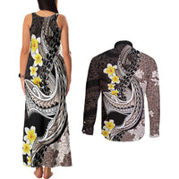 Brown and Black Hawaii Shark Tattoo Couples Matching Tank Maxi Dress and Long Sleeve Button Shirt Puakenikeni Lei Plumeria Polynesian Pattern LT14 - Polynesian Pride
