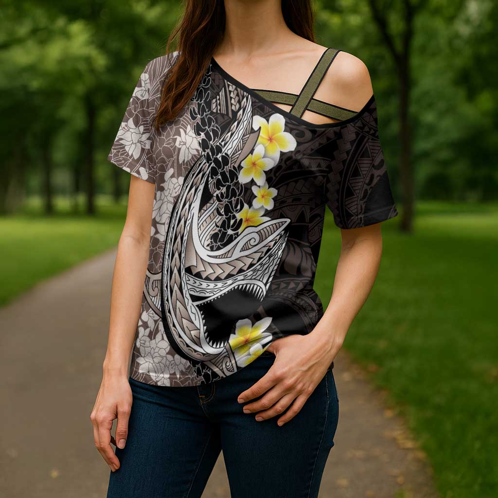 Brown and Black Hawaii Shark Tattoo Cross Shoulder Shirt Puakenikeni Lei Plumeria Polynesian Pattern - Polynesian Pride
