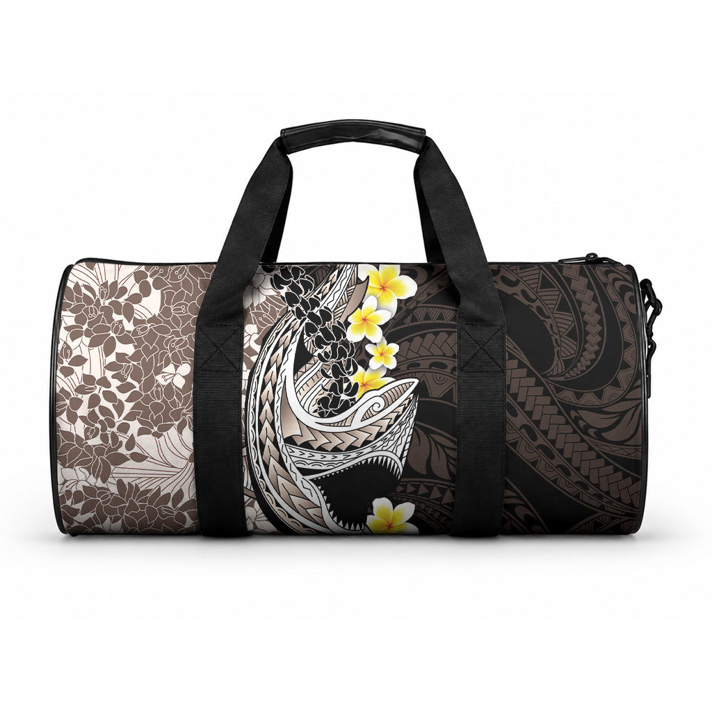 Brown and Black Hawaii Shark Tattoo Duffle Bag Puakenikeni Lei Plumeria Polynesian Pattern