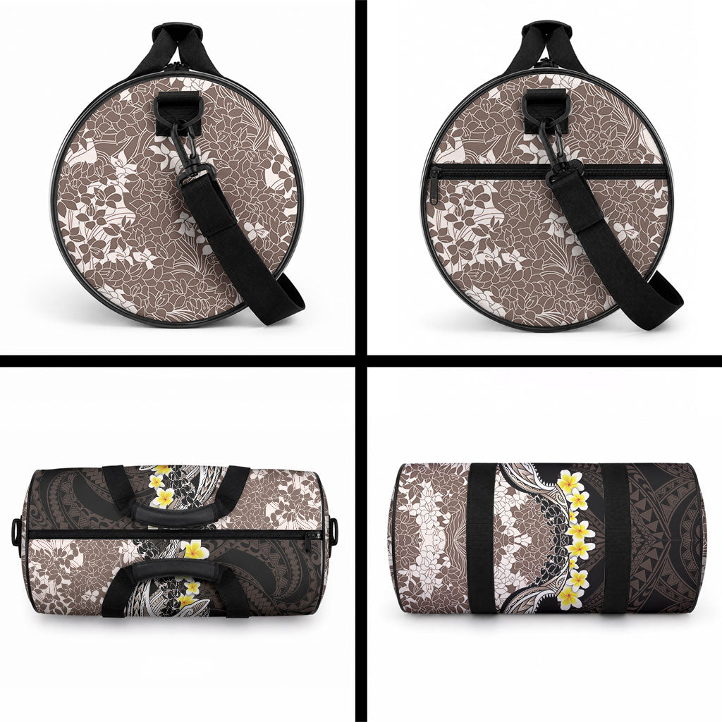 Brown and Black Hawaii Shark Tattoo Duffle Bag Puakenikeni Lei Plumeria Polynesian Pattern