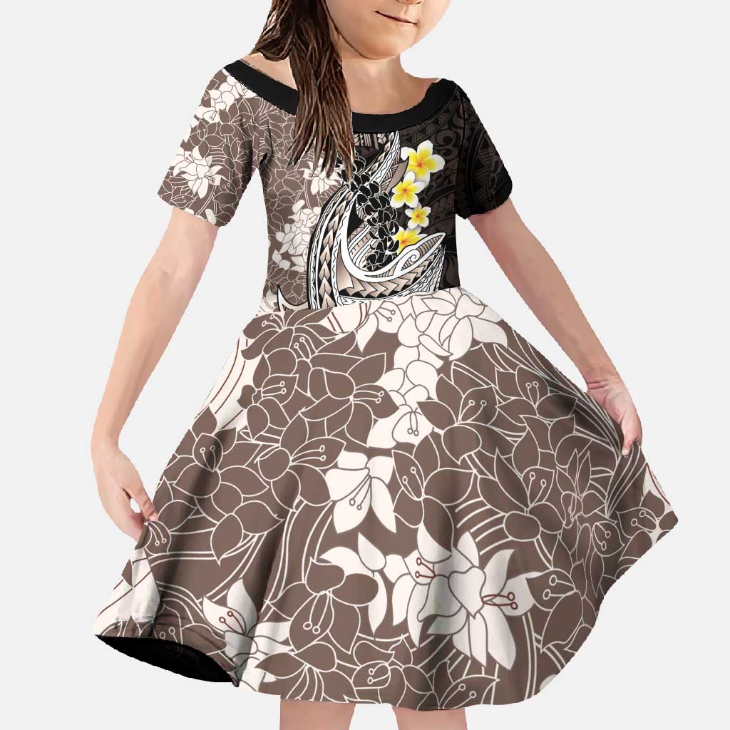 Brown and Black Hawaii Shark Tattoo Family Matching Long Sleeve Bodycon Dress and Hawaiian Shirt Puakenikeni Lei Plumeria Polynesian Pattern LT14 Daughter's Dress Black - Polynesian Pride