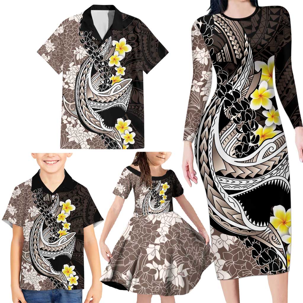 Brown and Black Hawaii Shark Tattoo Family Matching Long Sleeve Bodycon Dress and Hawaiian Shirt Puakenikeni Lei Plumeria Polynesian Pattern LT14 - Polynesian Pride