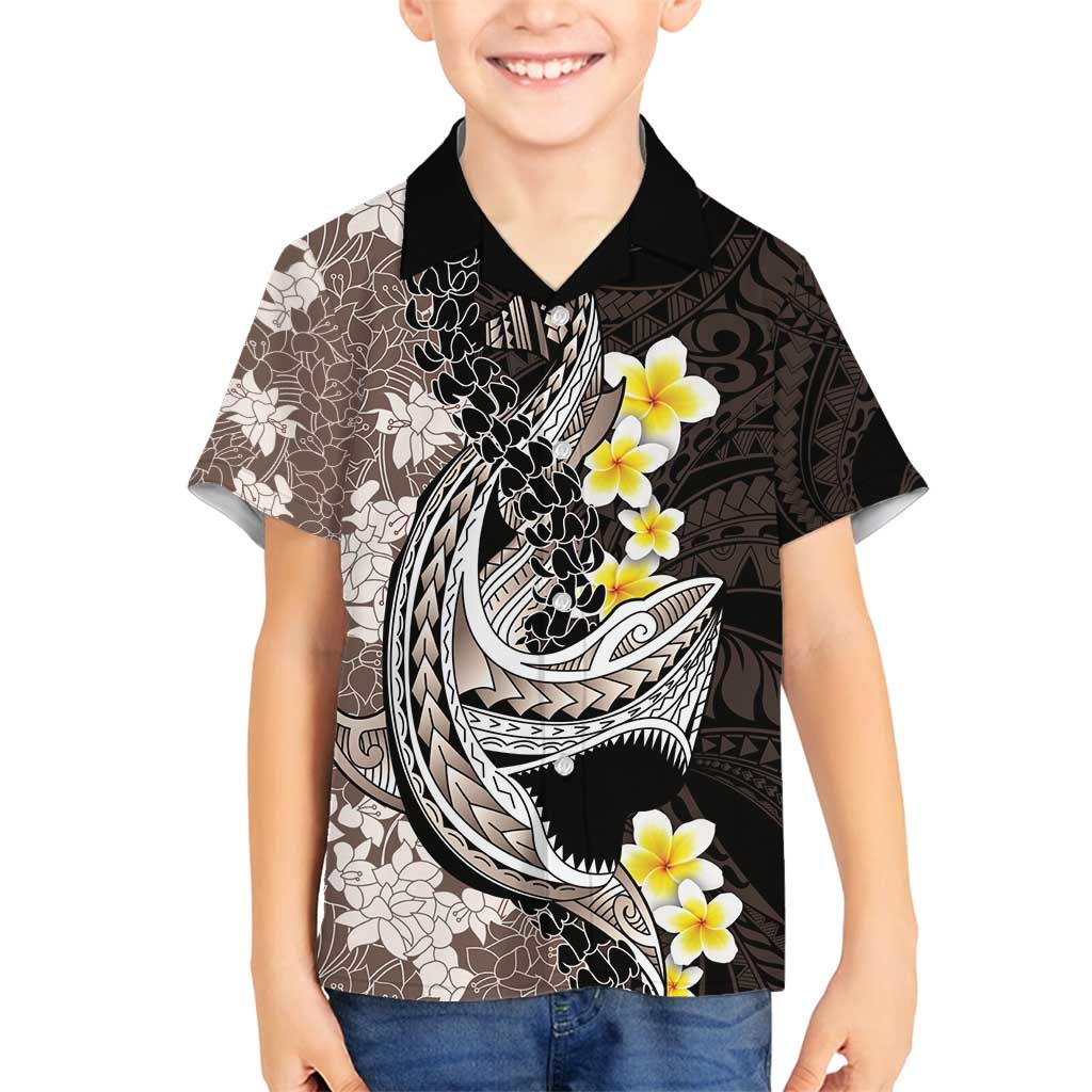 Brown and Black Hawaii Shark Tattoo Family Matching Long Sleeve Bodycon Dress and Hawaiian Shirt Puakenikeni Lei Plumeria Polynesian Pattern LT14 Son's Shirt Black - Polynesian Pride