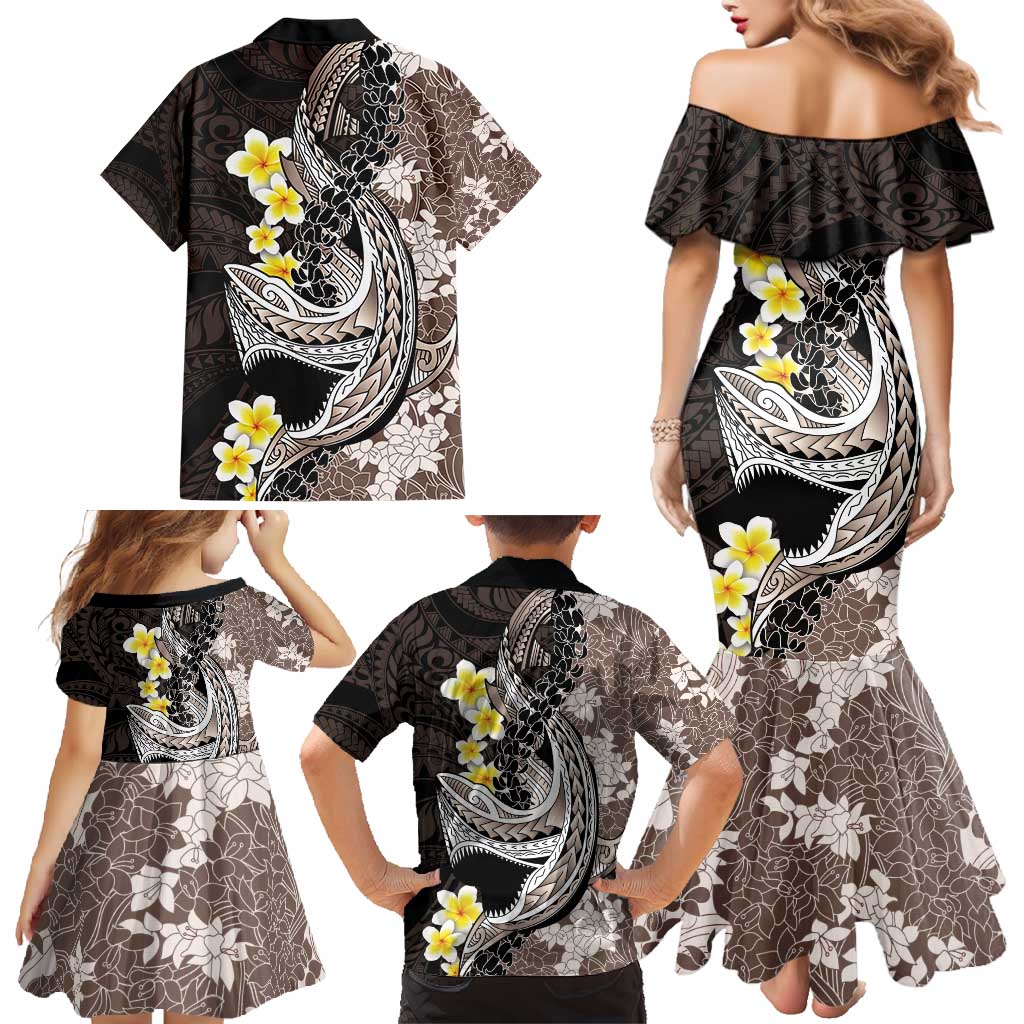 Brown and Black Hawaii Shark Tattoo Family Matching Mermaid Dress and Hawaiian Shirt Puakenikeni Lei Plumeria Polynesian Pattern LT14 - Polynesian Pride