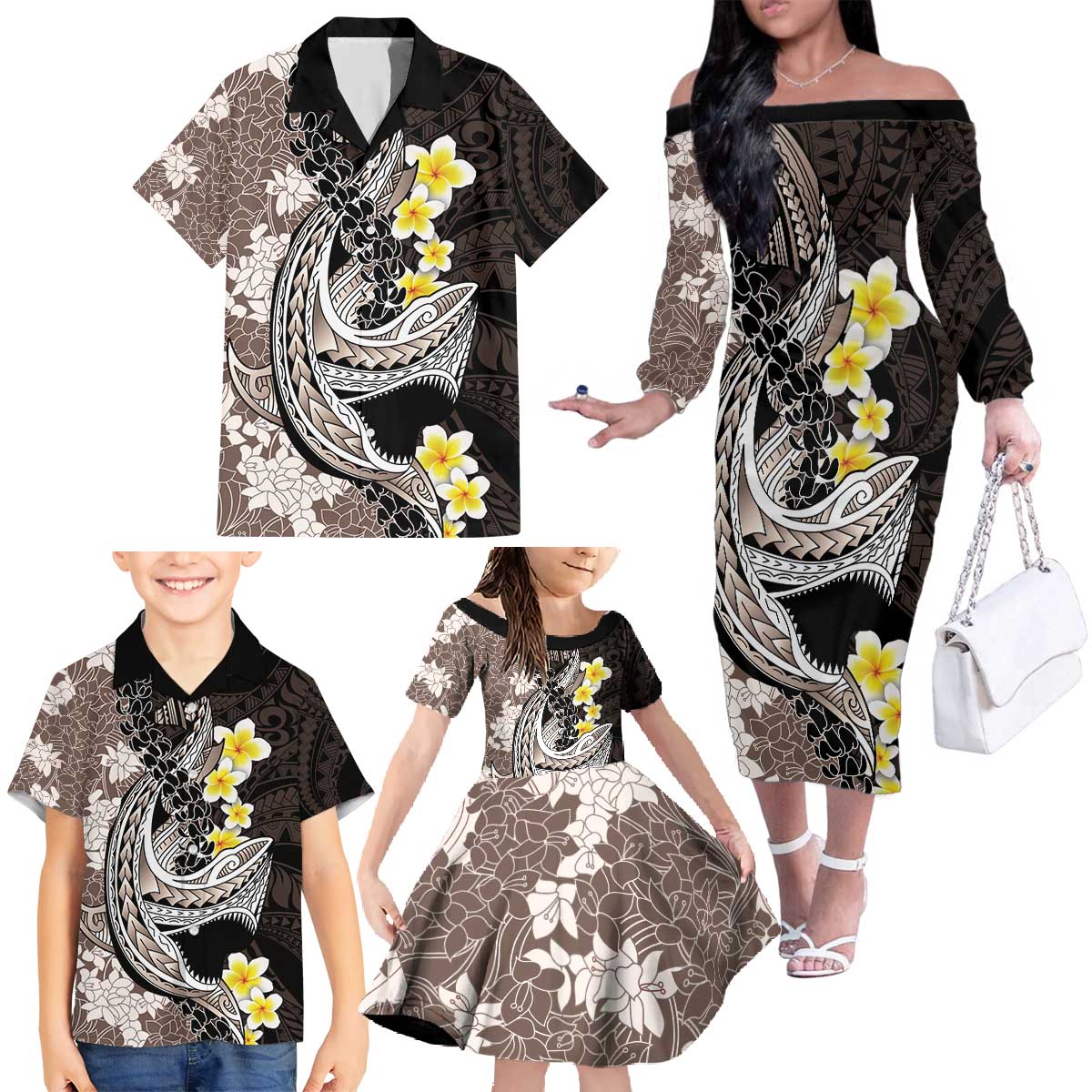 Brown and Black Hawaii Shark Tattoo Family Matching Off The Shoulder Long Sleeve Dress and Hawaiian Shirt Puakenikeni Lei Plumeria Polynesian Pattern LT14 - Polynesian Pride