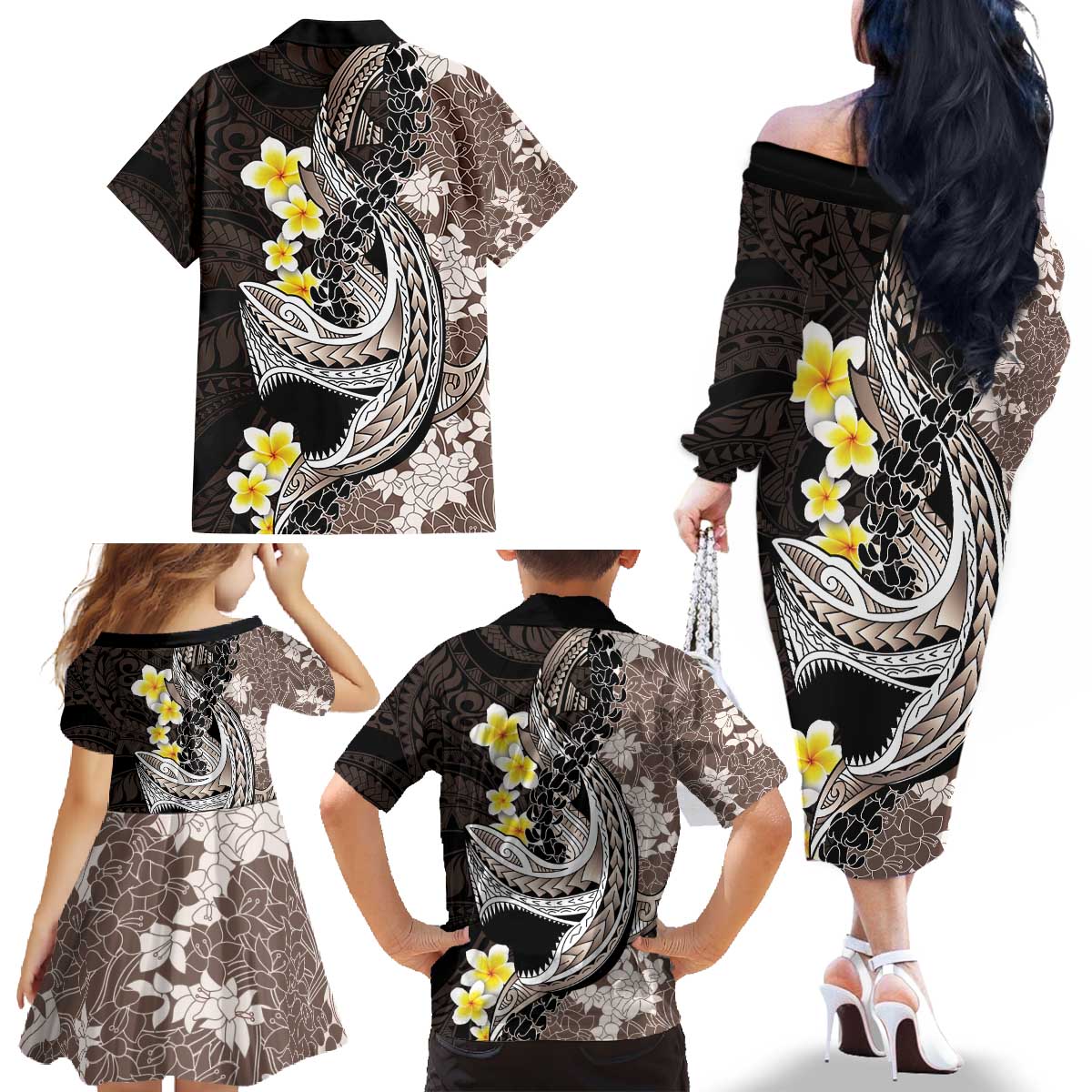 Brown and Black Hawaii Shark Tattoo Family Matching Off The Shoulder Long Sleeve Dress and Hawaiian Shirt Puakenikeni Lei Plumeria Polynesian Pattern LT14 - Polynesian Pride