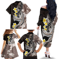 Brown and Black Hawaii Shark Tattoo Family Matching Off The Shoulder Long Sleeve Dress and Hawaiian Shirt Puakenikeni Lei Plumeria Polynesian Pattern LT14 - Polynesian Pride