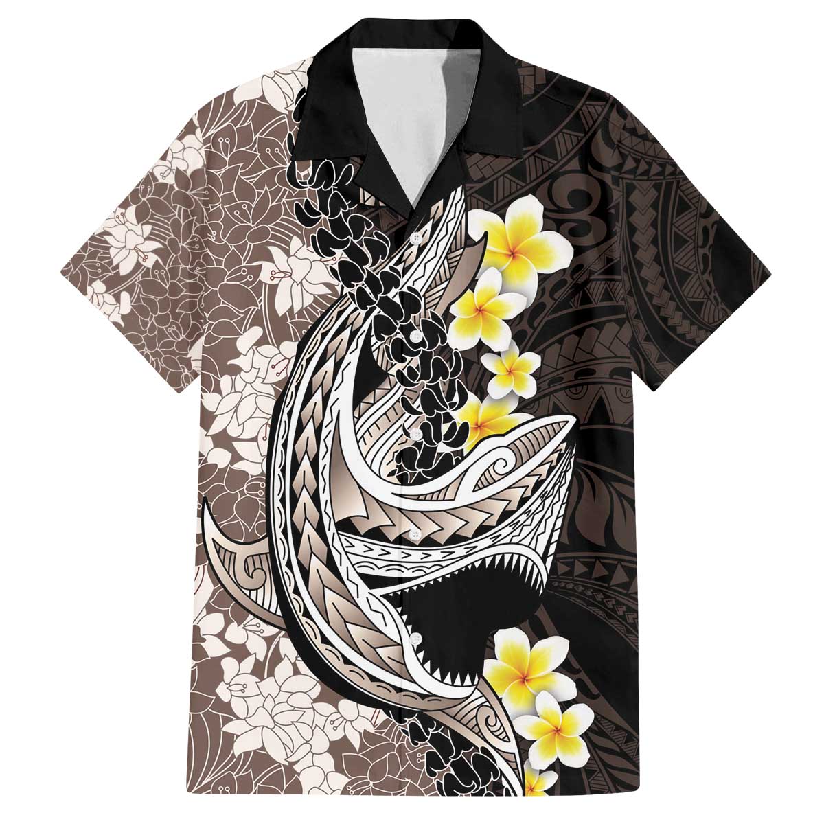 Brown and Black Hawaii Shark Tattoo Family Matching Off The Shoulder Long Sleeve Dress and Hawaiian Shirt Puakenikeni Lei Plumeria Polynesian Pattern LT14 Dad's Shirt - Short Sleeve Black - Polynesian Pride