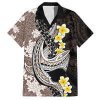 Brown and Black Hawaii Shark Tattoo Family Matching Off The Shoulder Long Sleeve Dress and Hawaiian Shirt Puakenikeni Lei Plumeria Polynesian Pattern LT14 Dad's Shirt - Short Sleeve Black - Polynesian Pride