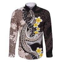 Brown and Black Hawaii Shark Tattoo Family Matching Off The Shoulder Long Sleeve Dress and Hawaiian Shirt Puakenikeni Lei Plumeria Polynesian Pattern LT14 Dad's Shirt - Long Sleeve Black - Polynesian Pride