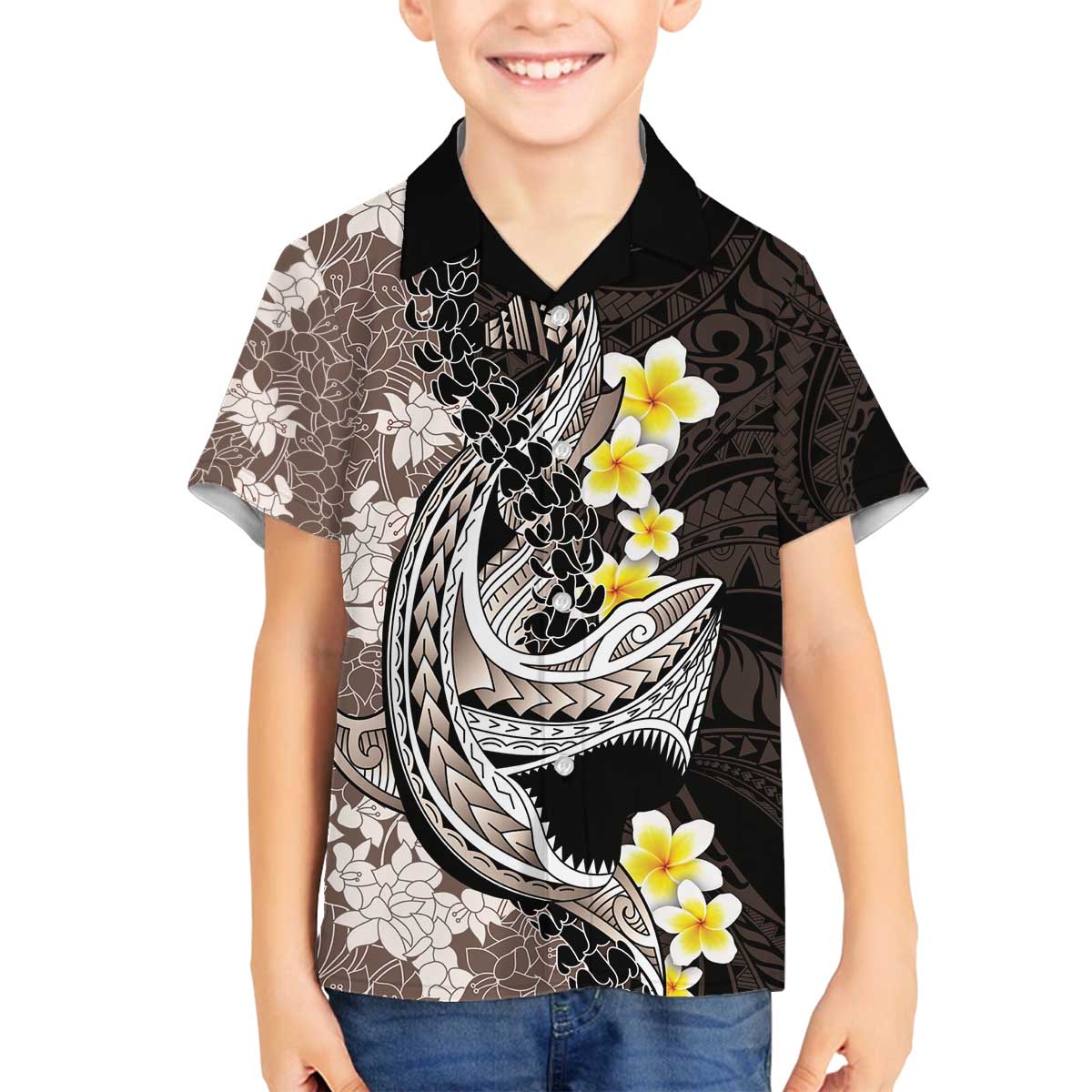 Brown and Black Hawaii Shark Tattoo Family Matching Off The Shoulder Long Sleeve Dress and Hawaiian Shirt Puakenikeni Lei Plumeria Polynesian Pattern LT14 Son's Shirt Black - Polynesian Pride