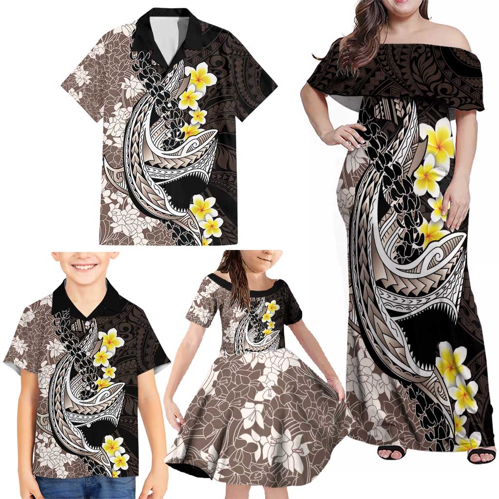Brown and Black Hawaii Shark Tattoo Family Matching Off Shoulder Maxi Dress and Hawaiian Shirt Puakenikeni Lei Plumeria Polynesian Pattern LT14 - Polynesian Pride