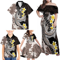 Brown and Black Hawaii Shark Tattoo Family Matching Off Shoulder Maxi Dress and Hawaiian Shirt Puakenikeni Lei Plumeria Polynesian Pattern LT14 - Polynesian Pride