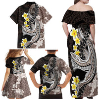 Brown and Black Hawaii Shark Tattoo Family Matching Off Shoulder Maxi Dress and Hawaiian Shirt Puakenikeni Lei Plumeria Polynesian Pattern LT14 - Polynesian Pride