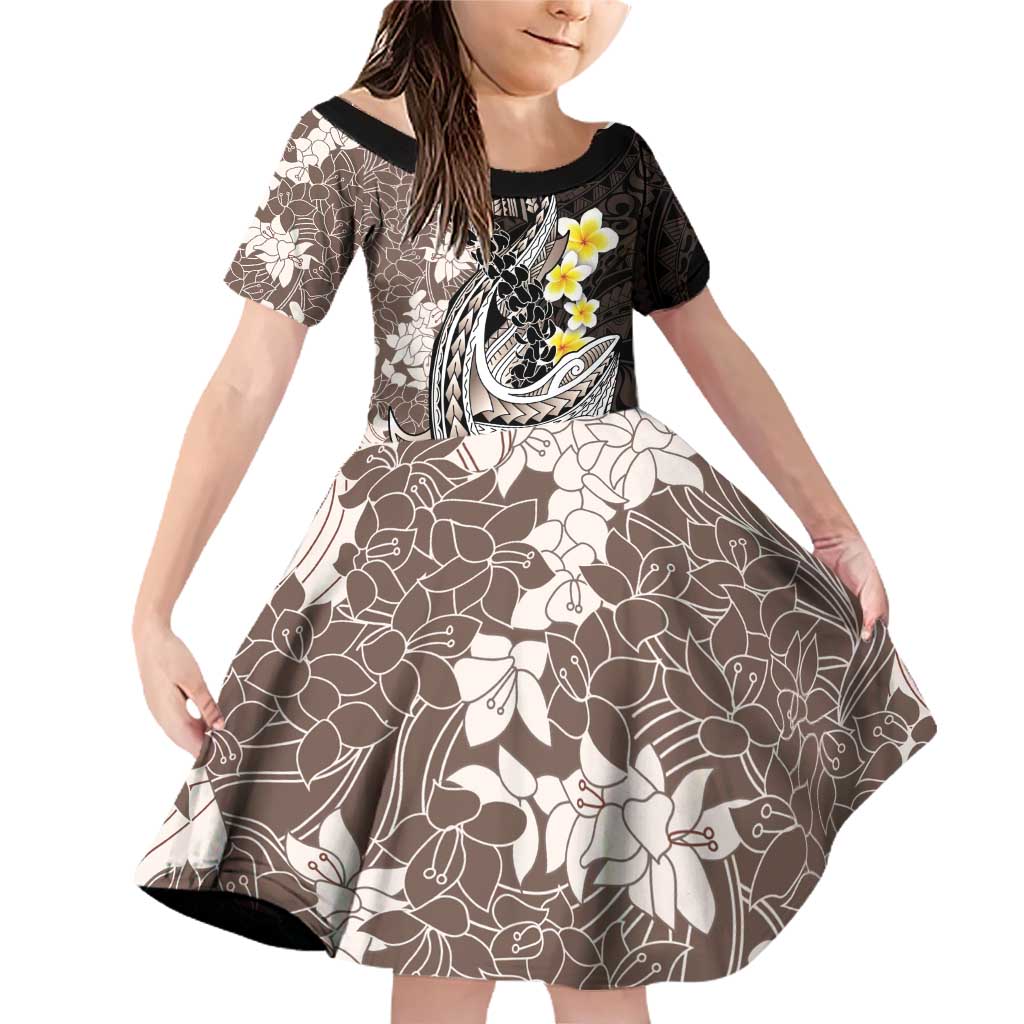 Brown and Black Hawaii Shark Tattoo Family Matching Off Shoulder Short Dress and Hawaiian Shirt Puakenikeni Lei Plumeria Polynesian Pattern LT14 Daughter's Dress Black - Polynesian Pride