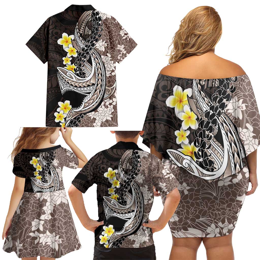 Brown and Black Hawaii Shark Tattoo Family Matching Off Shoulder Short Dress and Hawaiian Shirt Puakenikeni Lei Plumeria Polynesian Pattern LT14 - Polynesian Pride