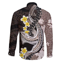 Brown and Black Hawaii Shark Tattoo Family Matching Off Shoulder Short Dress and Hawaiian Shirt Puakenikeni Lei Plumeria Polynesian Pattern LT14 - Polynesian Pride