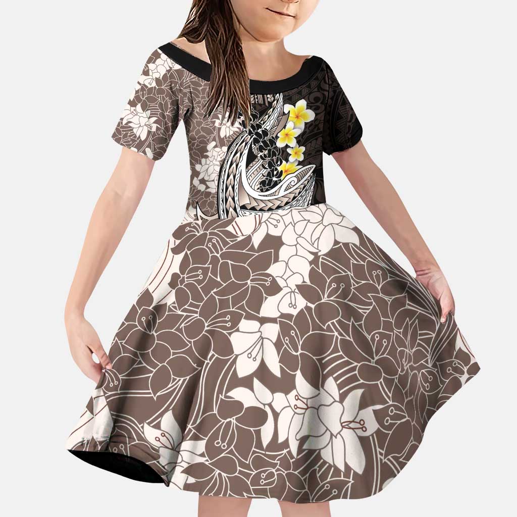Brown and Black Hawaii Shark Tattoo Family Matching Puletasi and Hawaiian Shirt Puakenikeni Lei Plumeria Polynesian Pattern LT14 Daughter's Dress Black - Polynesian Pride