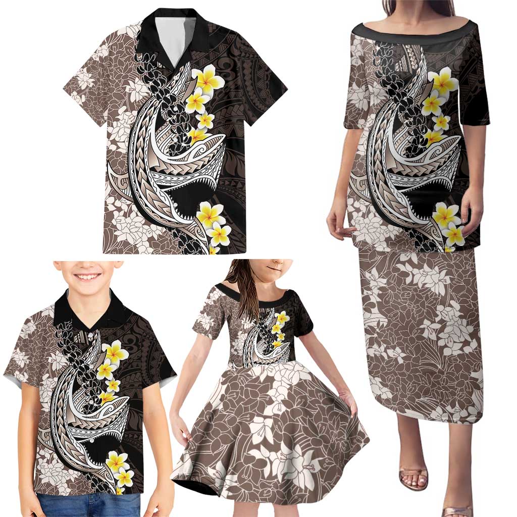 Brown and Black Hawaii Shark Tattoo Family Matching Puletasi and Hawaiian Shirt Puakenikeni Lei Plumeria Polynesian Pattern LT14 - Polynesian Pride