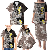 Brown and Black Hawaii Shark Tattoo Family Matching Puletasi and Hawaiian Shirt Puakenikeni Lei Plumeria Polynesian Pattern LT14 - Polynesian Pride