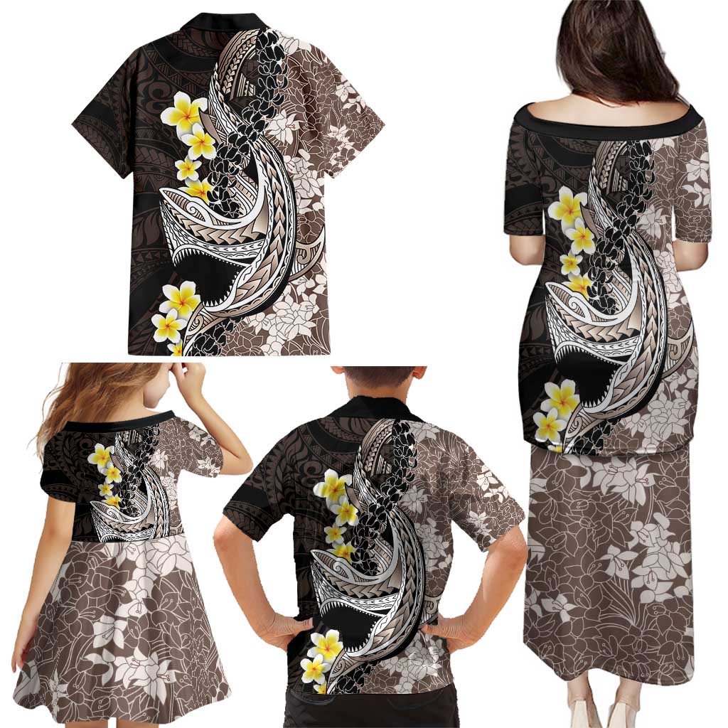 Brown and Black Hawaii Shark Tattoo Family Matching Puletasi and Hawaiian Shirt Puakenikeni Lei Plumeria Polynesian Pattern LT14 - Polynesian Pride