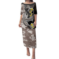 Brown and Black Hawaii Shark Tattoo Family Matching Puletasi and Hawaiian Shirt Puakenikeni Lei Plumeria Polynesian Pattern LT14 Mom's Dress Black - Polynesian Pride