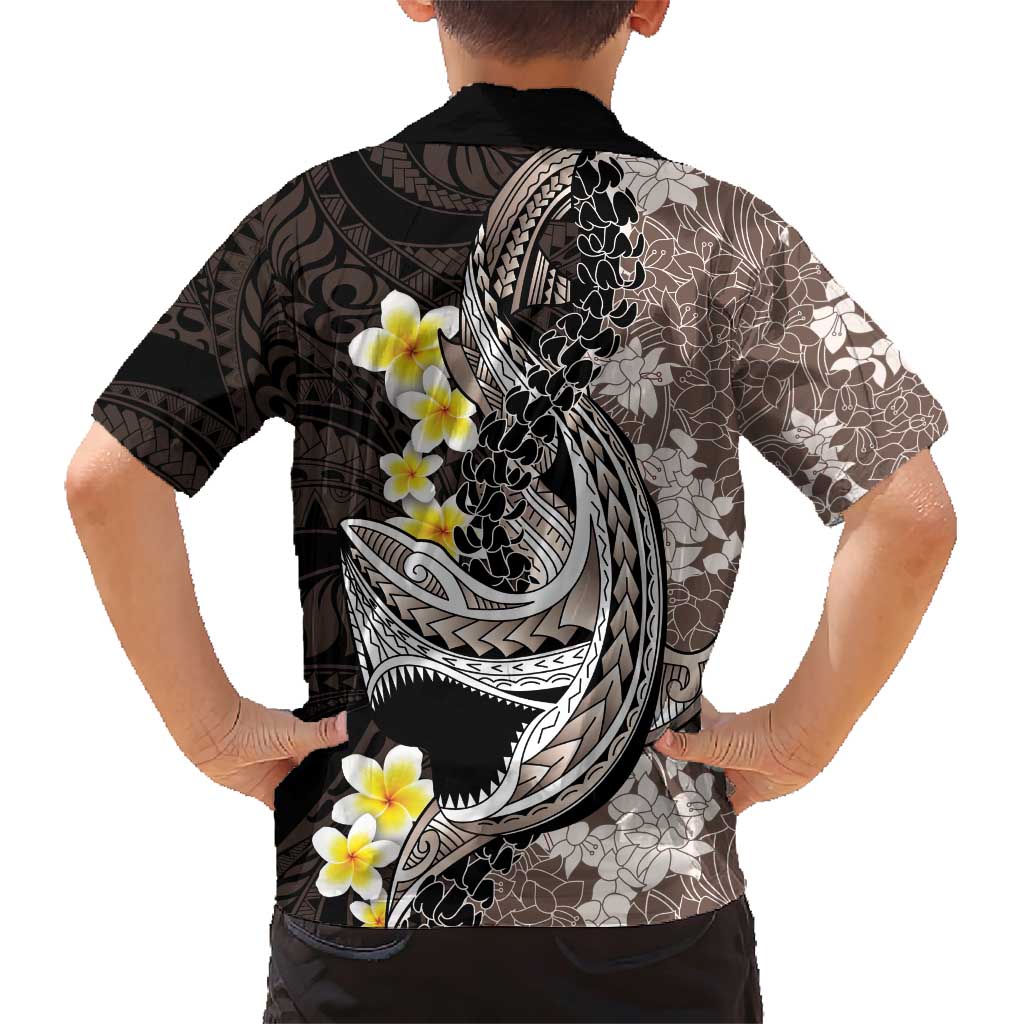 Brown and Black Hawaii Shark Tattoo Family Matching Short Sleeve Bodycon Dress and Hawaiian Shirt Puakenikeni Lei Plumeria Polynesian Pattern LT14 - Polynesian Pride