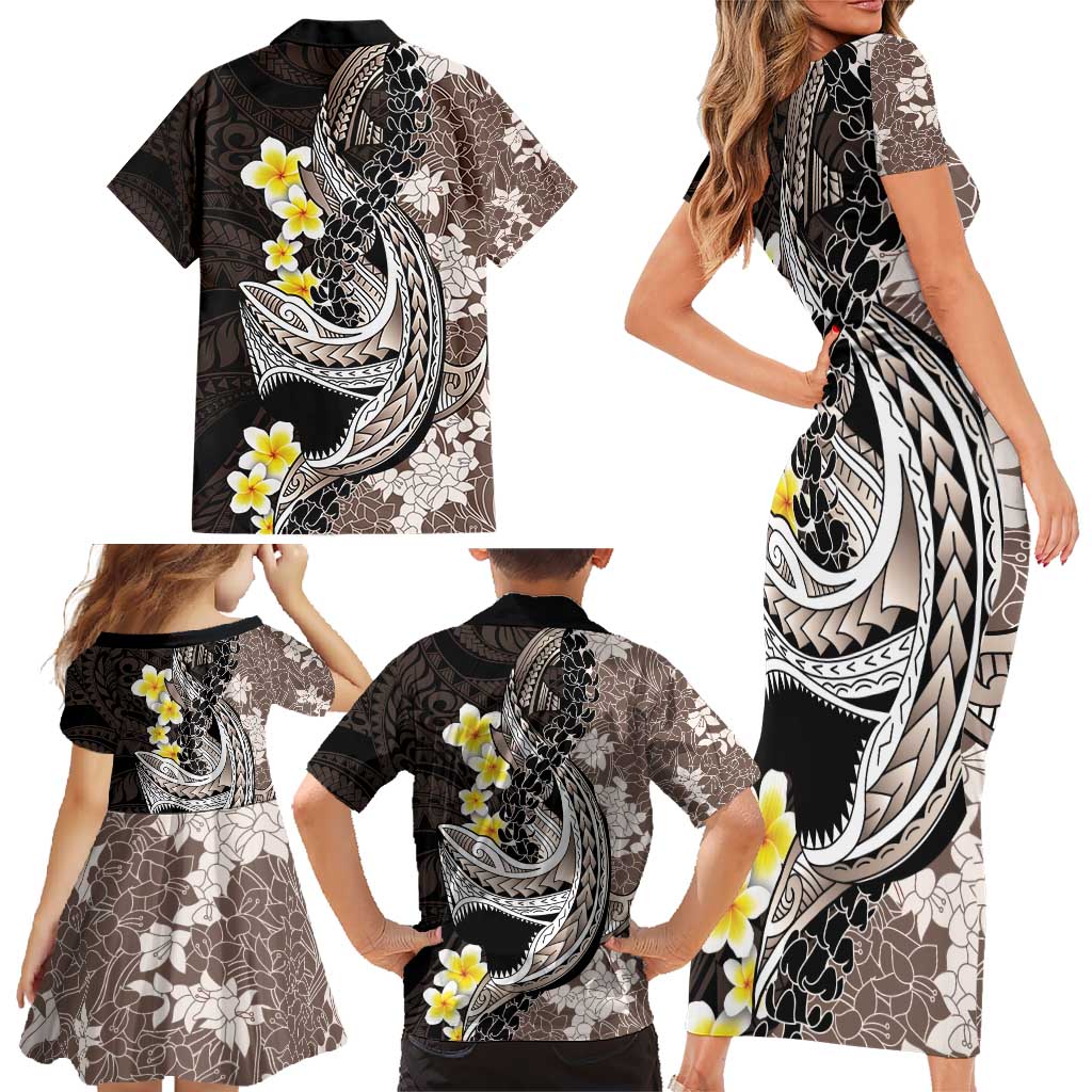 Brown and Black Hawaii Shark Tattoo Family Matching Short Sleeve Bodycon Dress and Hawaiian Shirt Puakenikeni Lei Plumeria Polynesian Pattern LT14 - Polynesian Pride