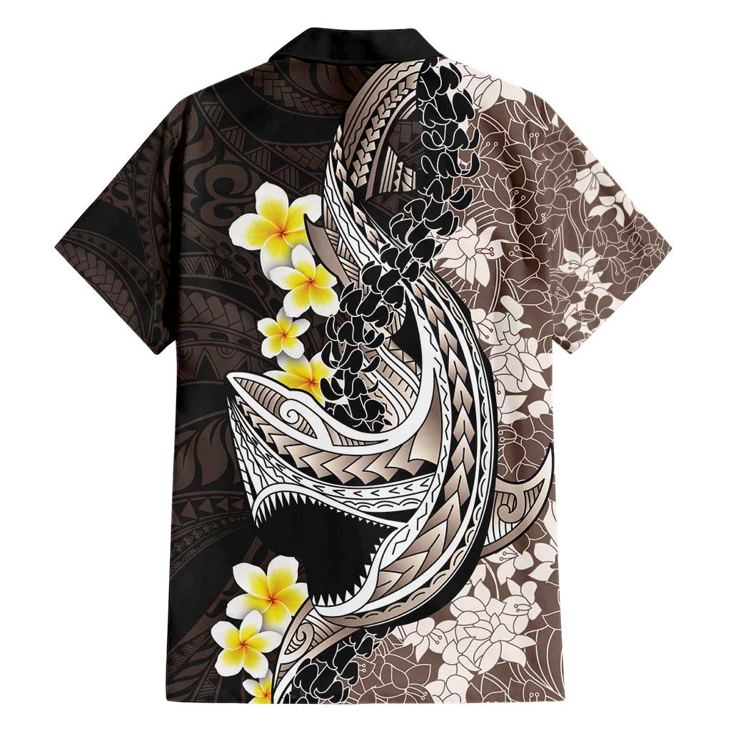 Brown and Black Hawaii Shark Tattoo Family Matching Short Sleeve Bodycon Dress and Hawaiian Shirt Puakenikeni Lei Plumeria Polynesian Pattern LT14 - Polynesian Pride