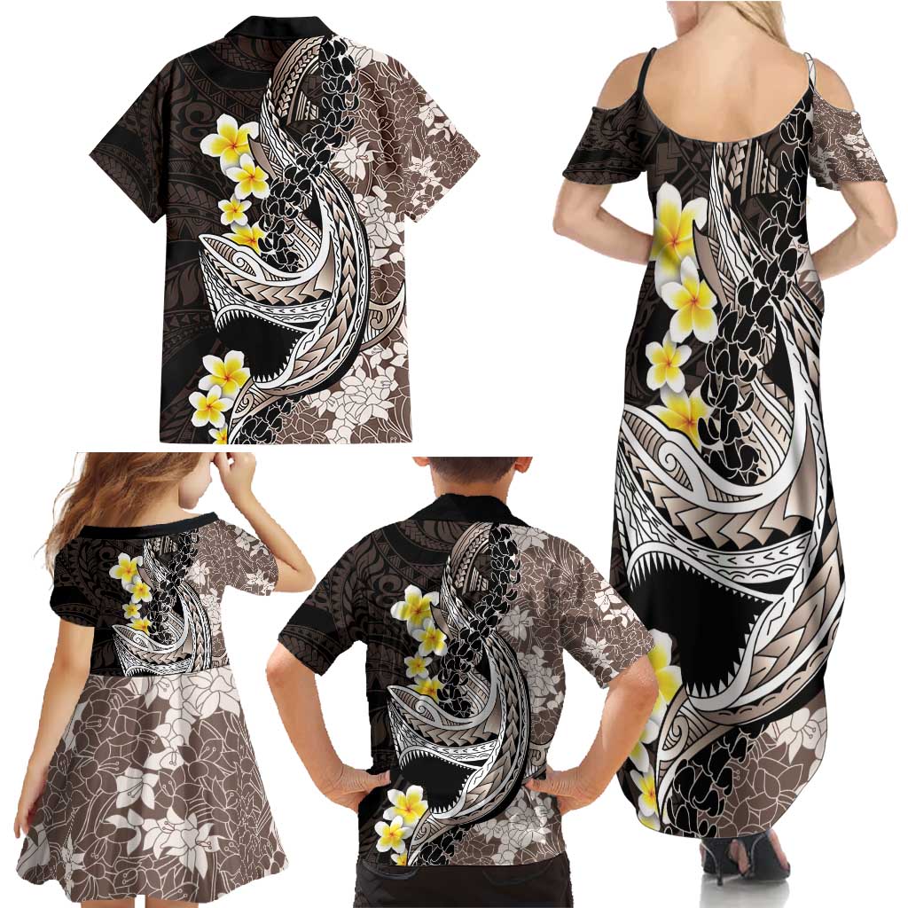 Brown and Black Hawaii Shark Tattoo Family Matching Summer Maxi Dress and Hawaiian Shirt Puakenikeni Lei Plumeria Polynesian Pattern LT14 - Polynesian Pride
